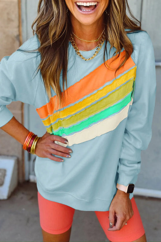 Beau Blue Rainbow Colorblock Striped Pullover Sweatshirt - Chic Meadow Boutique 