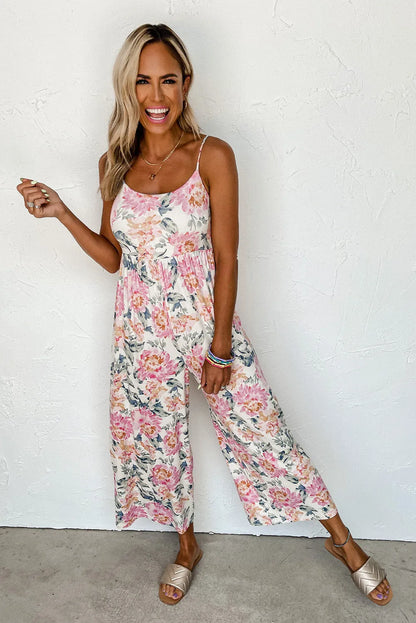 White Floral Spaghetti Straps Wide Leg Jumpsuit - Chic Meadow Boutique 