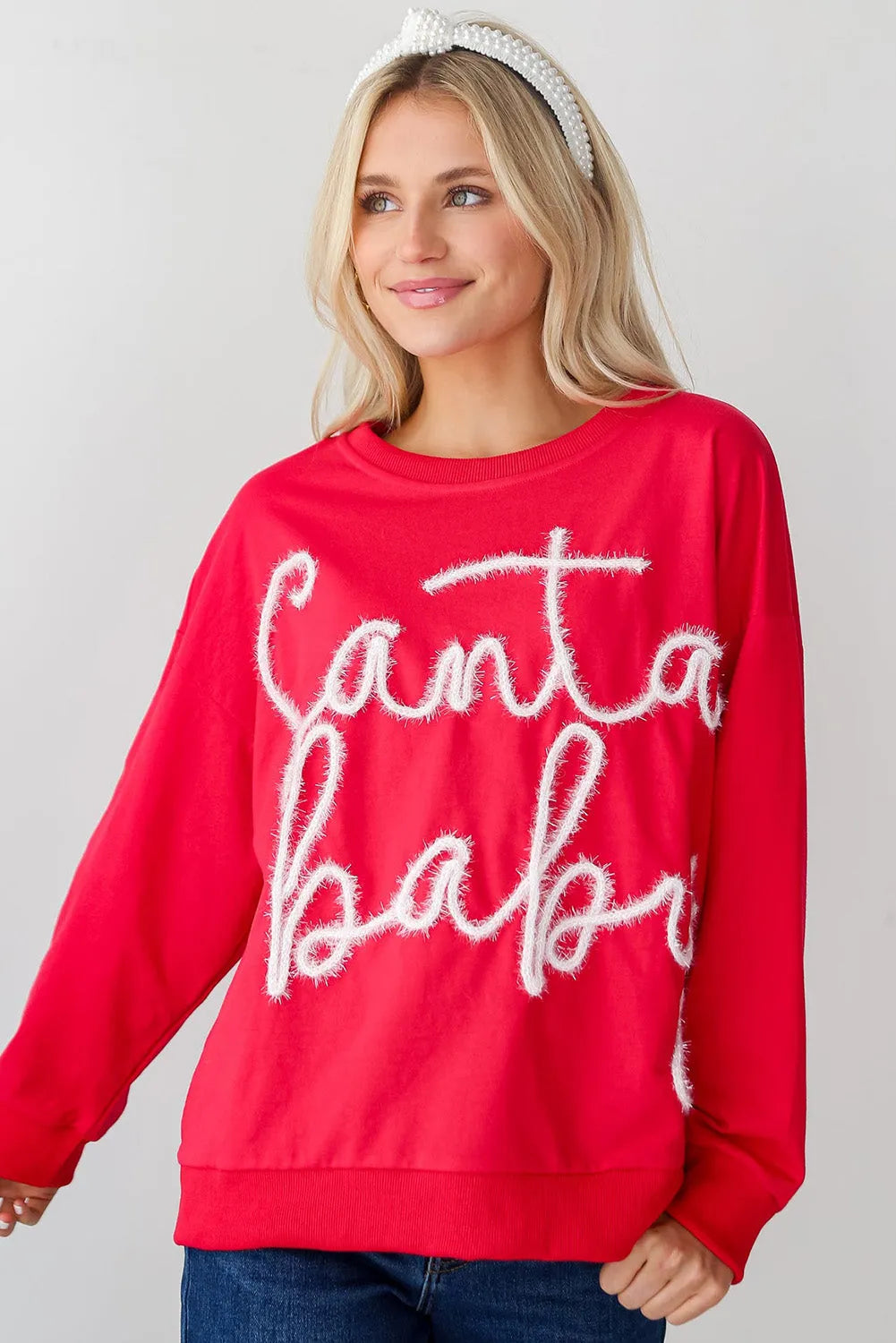 Fiery Red Christmas Santa Baby Tinsel Graphic Sweatshirt - Chic Meadow Boutique 