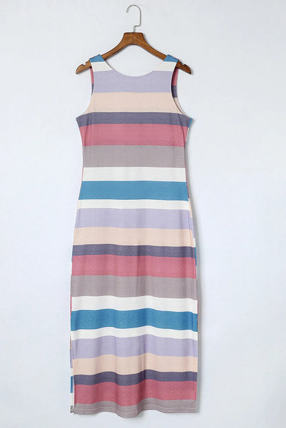 Multicolor Stripe Print Slit Maxi Tank Top Dress - Chic Meadow Boutique 