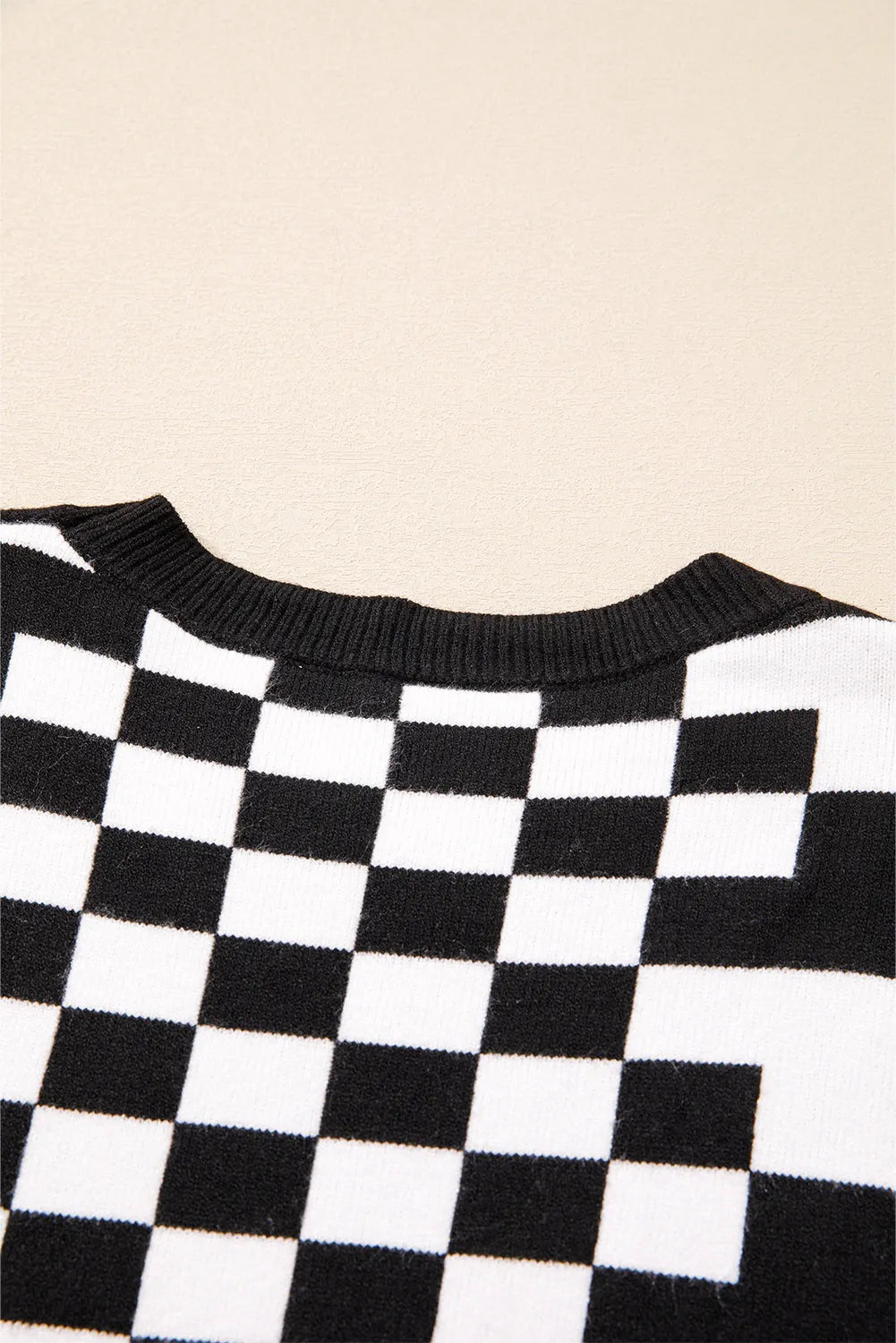 Black Checkered Print Drop Shoulder Round Neck Sweater - Chic Meadow Boutique 