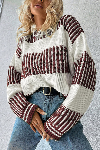 Brown Two Tone Striped Patchwork Drop Shoulder Loose Sweater