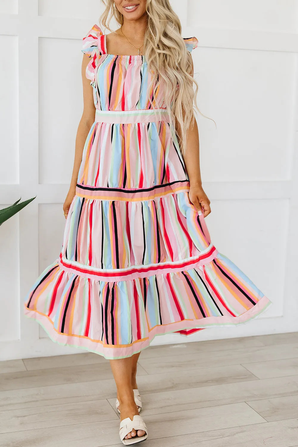 Pink Rainbow Stripe Ruffles Ruched Tiered Dress - Chic Meadow Boutique 