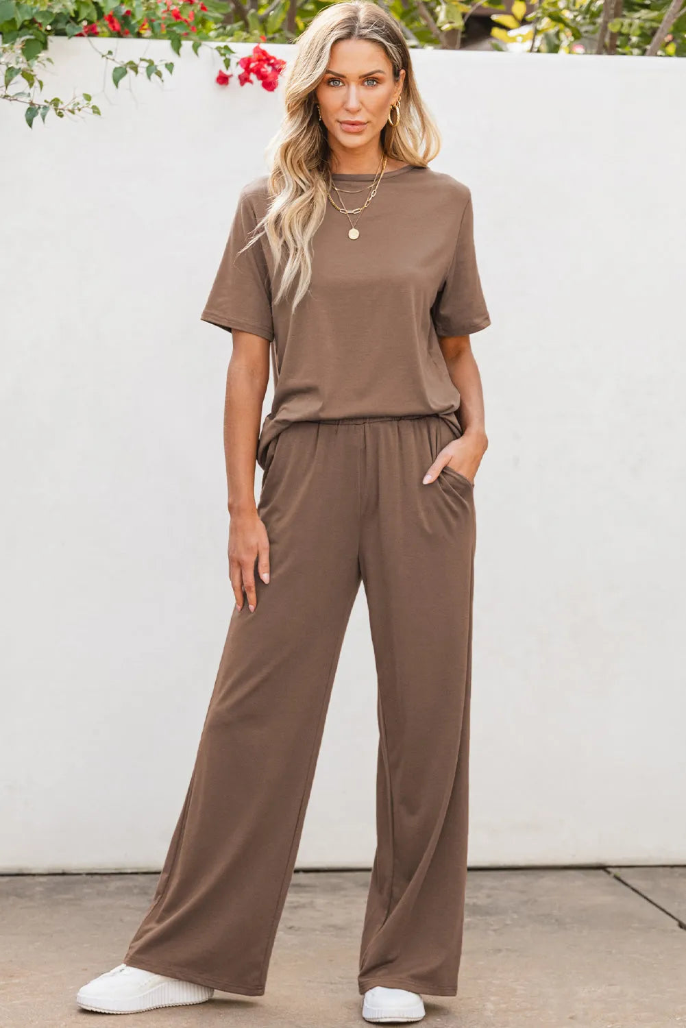 Smoke Gray Solid Color T Shirt 2pcs Wide Leg Pants Set - Chic Meadow Boutique 