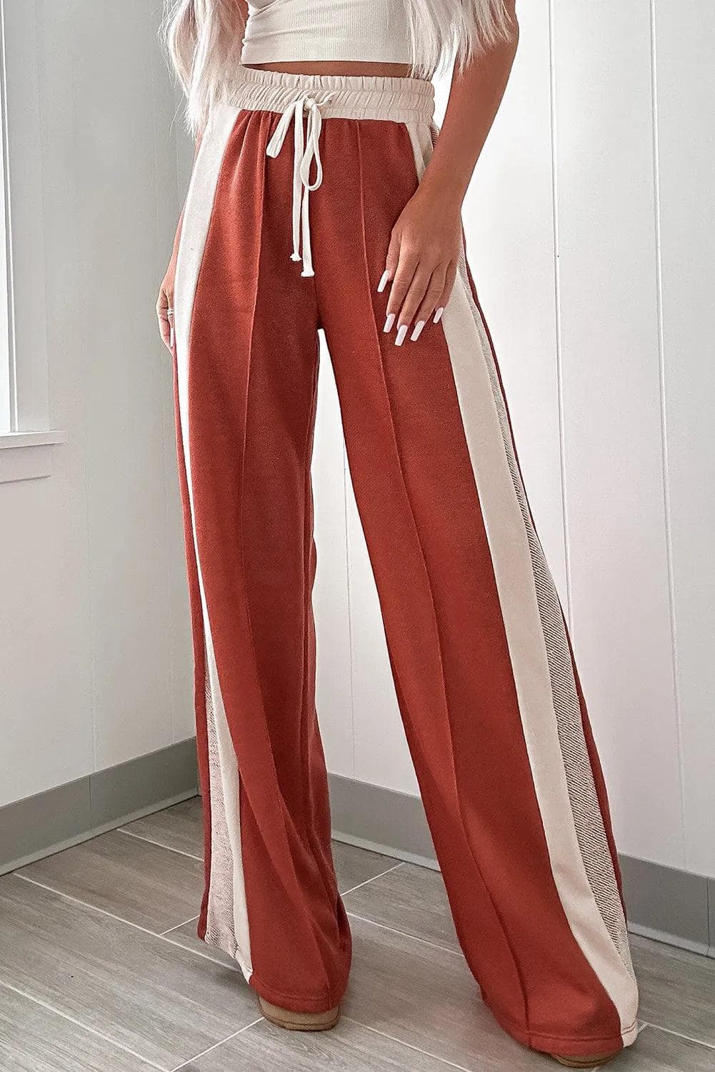 Bottoms/Pants & Culotte Flamingo / S / 65%Polyester+35%Cotton Flamingo Color Block Drawstring High Waist Wide Leg Pants