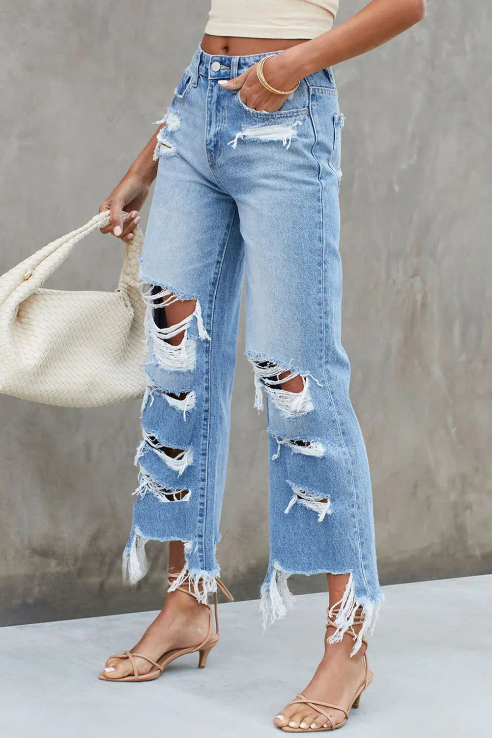 Sky Blue Heavy Destroyed High Waist Jeans - Chic Meadow Boutique 