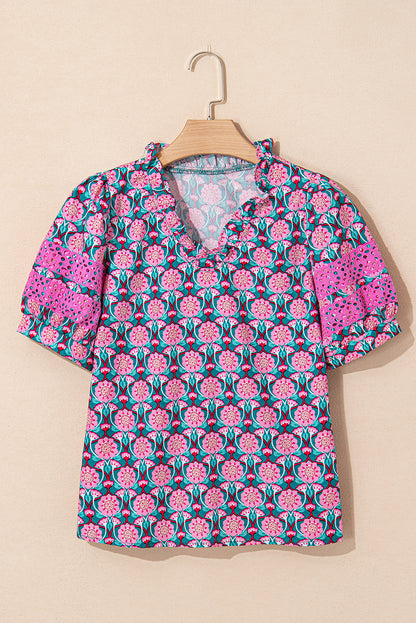Sachet Pink V-Neck Ruffle Abstract Floral Print Puff Sleeve Top