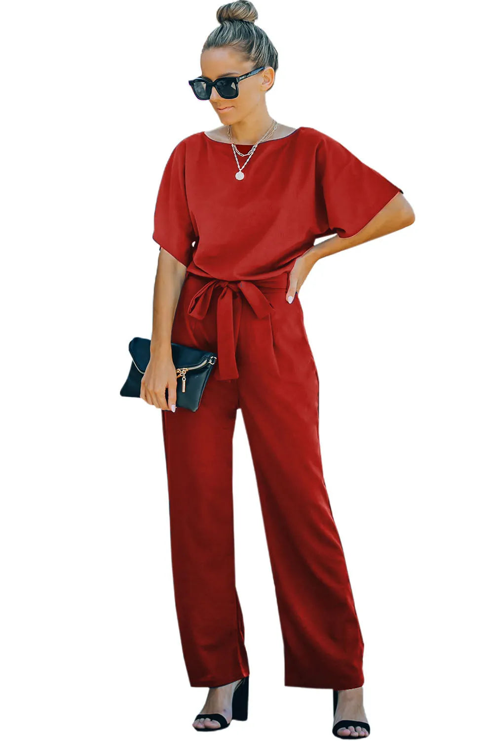 Fiery Red Belted Wide Leg Jumpsuit - Chic Meadow Boutique 