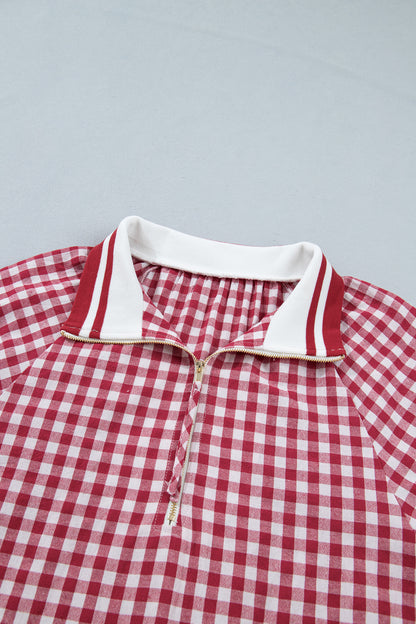 Red Gingham Striped Patchwork Half Zip Blouse