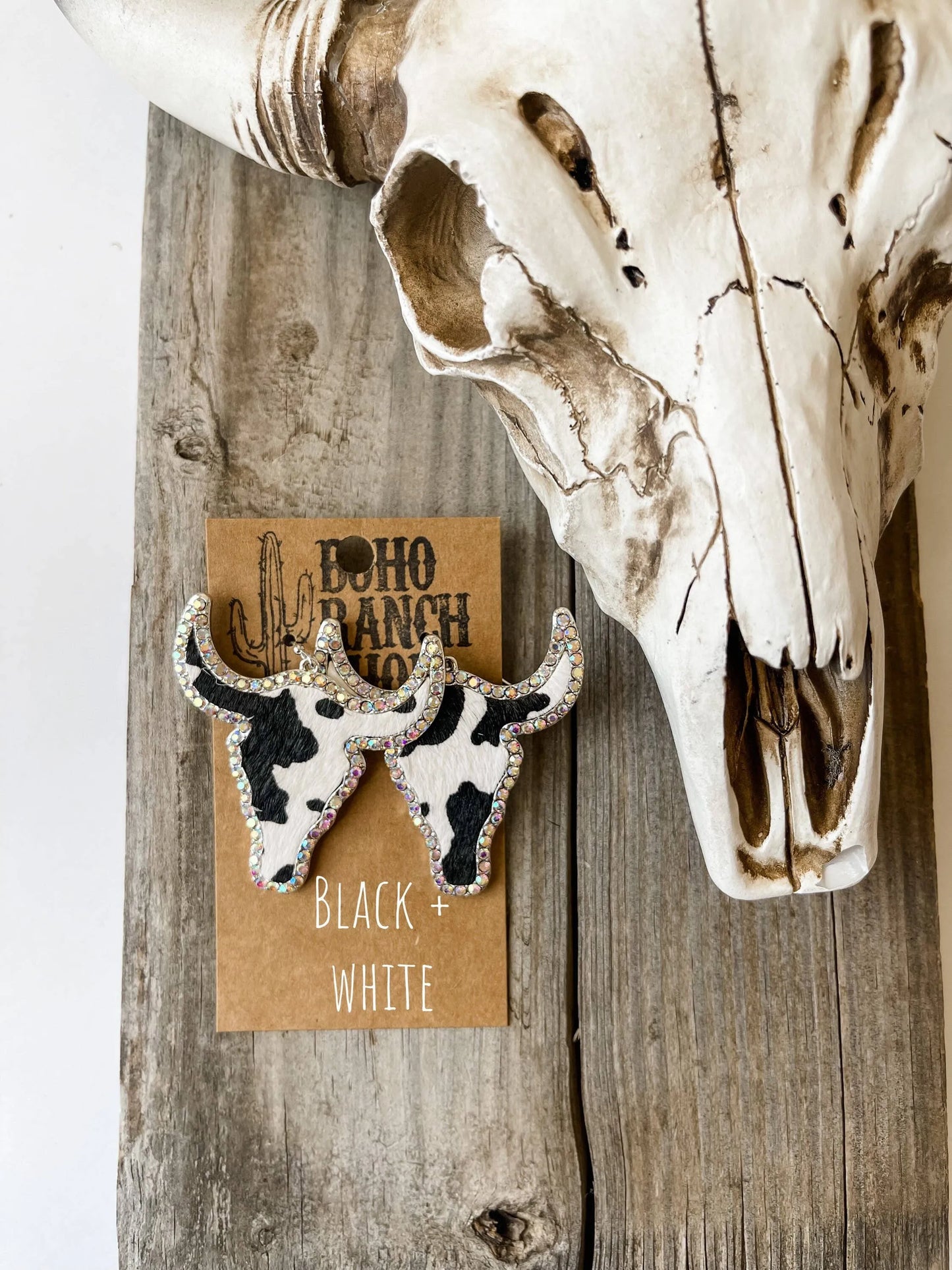 Western Cowhide Bling Steer Longhorn Earrings - Chic Meadow Boutique 