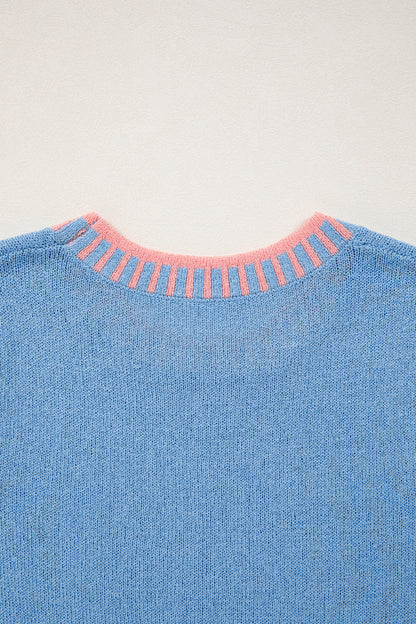 Sky Blue Contrast Trim Round Neck Sleeveless Sweater