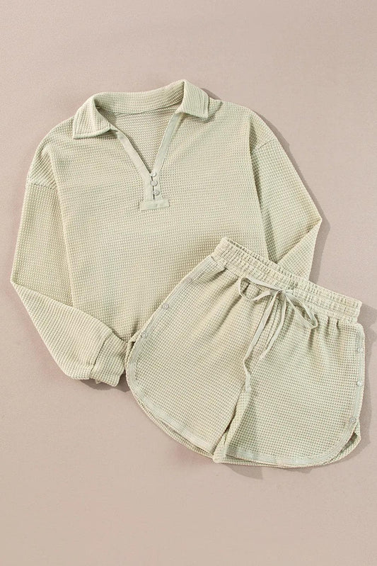Two Piece Sets/Short Sets Parchment Textured Buttoned Long Sleeve Top 2 Piece Shorts Set