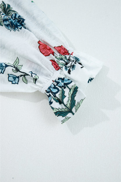 White Floral Print Frilled Collar V Neck Button Down Long Sleeve Shirt