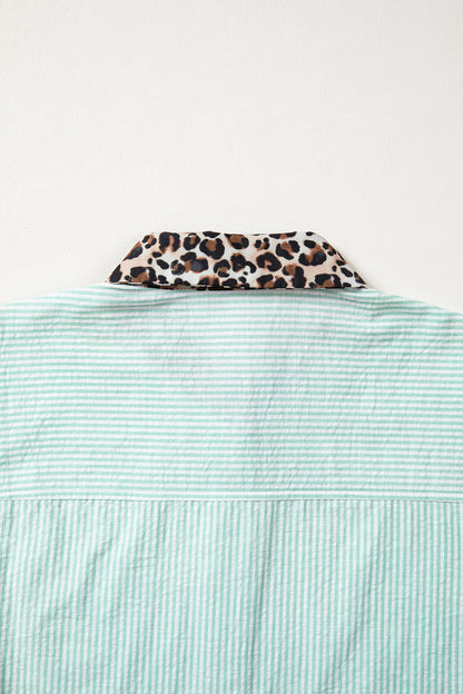 Green Stripe Leopard Contrast Collar Short Sleeve Shirt