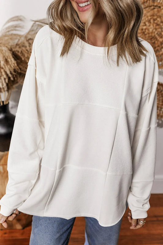 White Solid Color Patchwork Drop Shoulder Baggy Sweatshirt - Chic Meadow Boutique 