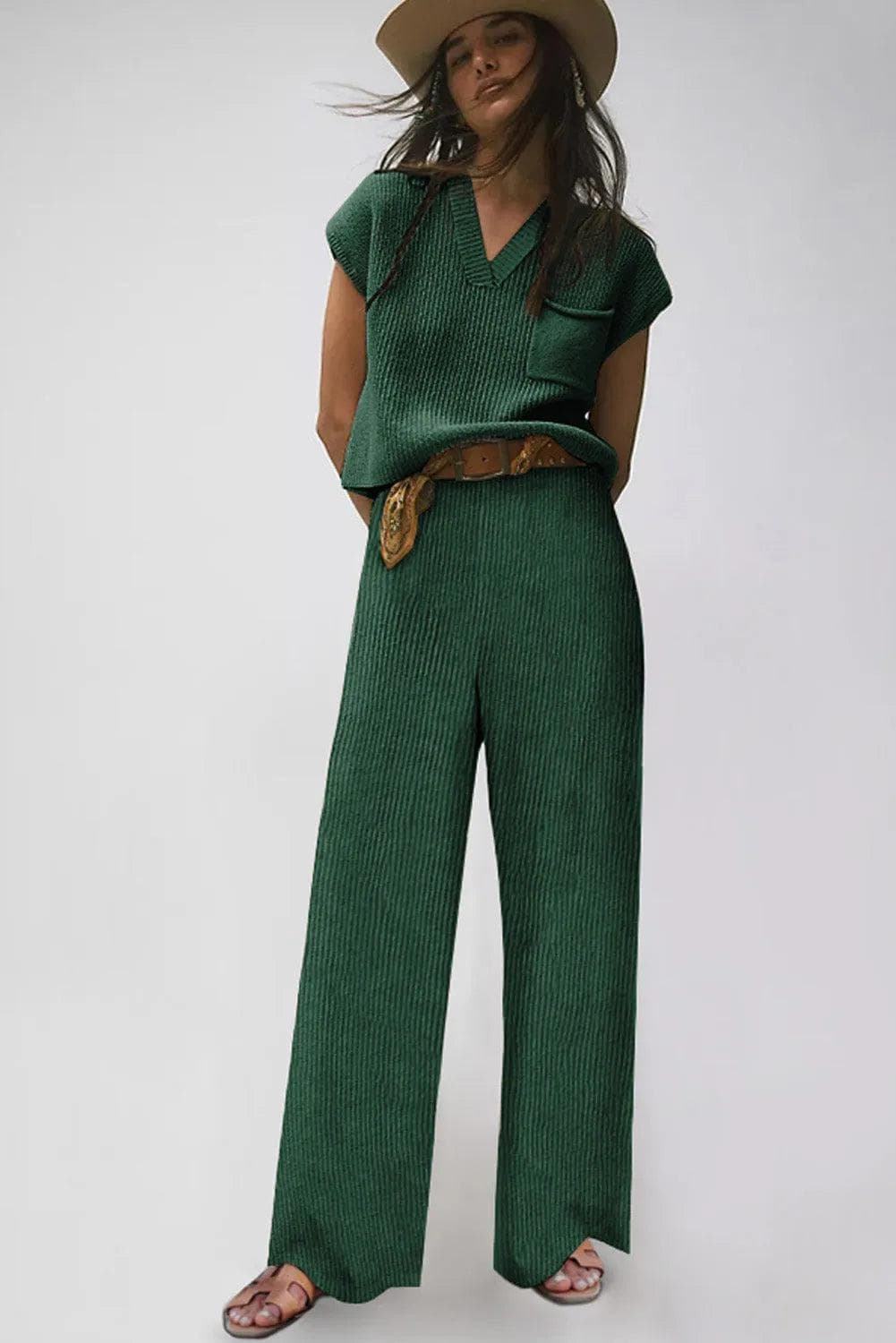 Two Piece Sets/Pant Sets Green Knitted V Neck Sweater and Casual Pants Set