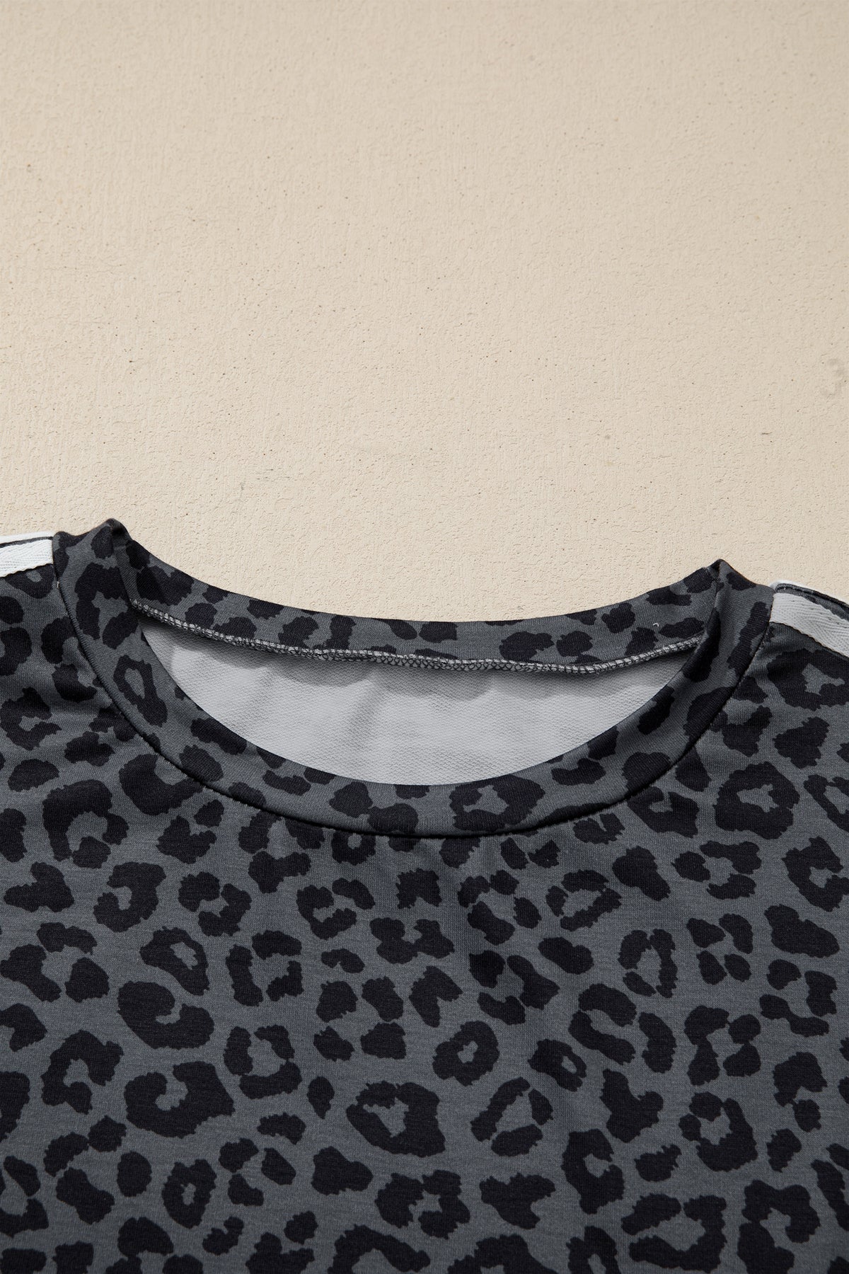 Gray Leopard Print Varsity Striped Detail 3/4 Sleeve Top Shift Pant Set