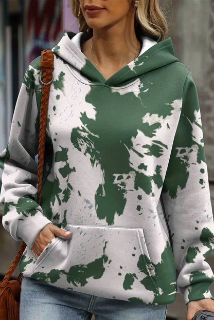 Green Tie Dye Print Kangaroo Pocket Loose Hoodie - Chic Meadow Boutique 