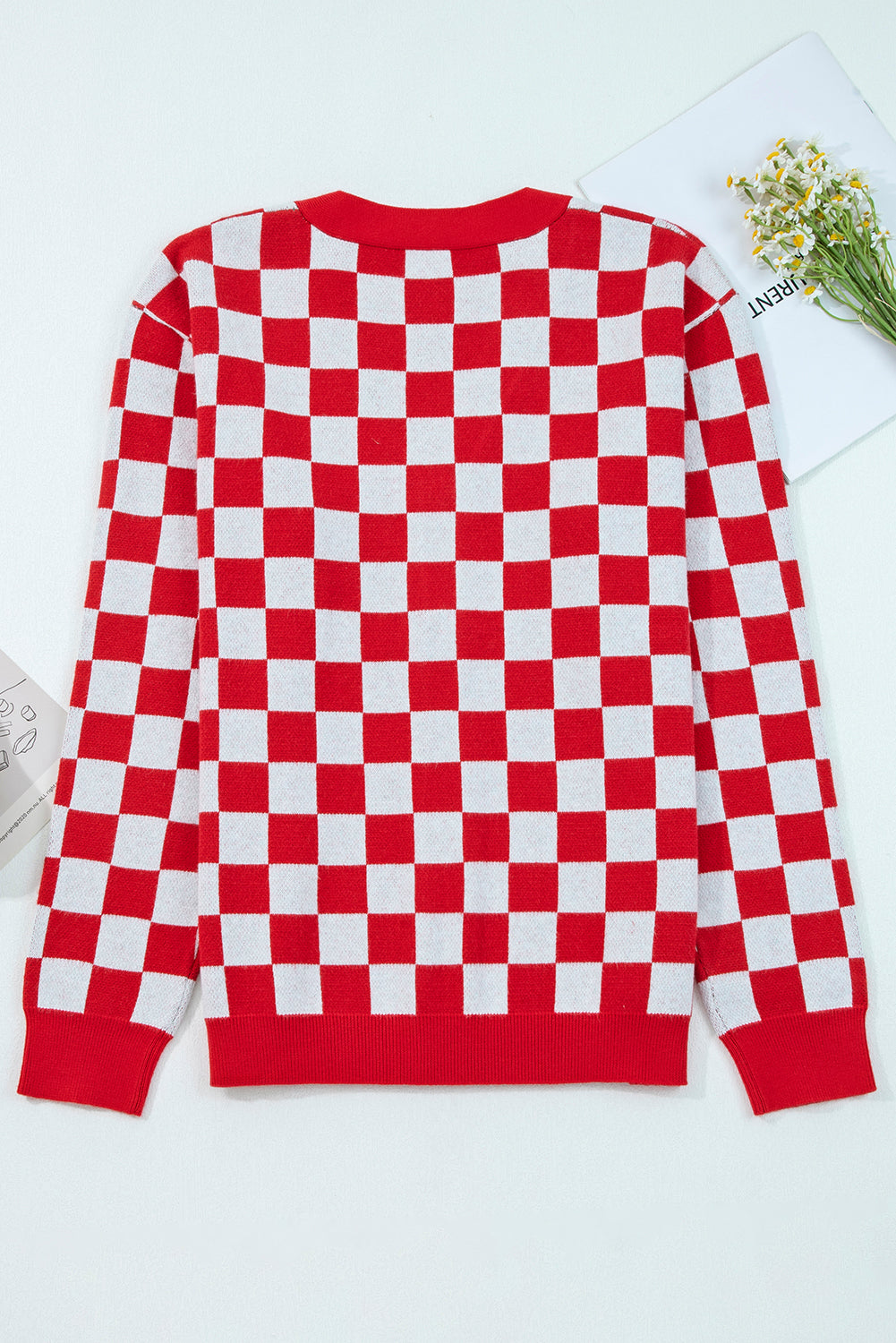 Red Checkered Christmas Tree Pattern Button V Neck Cardigan Sweater