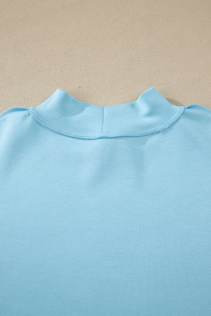 Mist Blue Solid Color Exposed Seam Mock Neck Oversize Tee Casual Shorts 2pcs Outfit