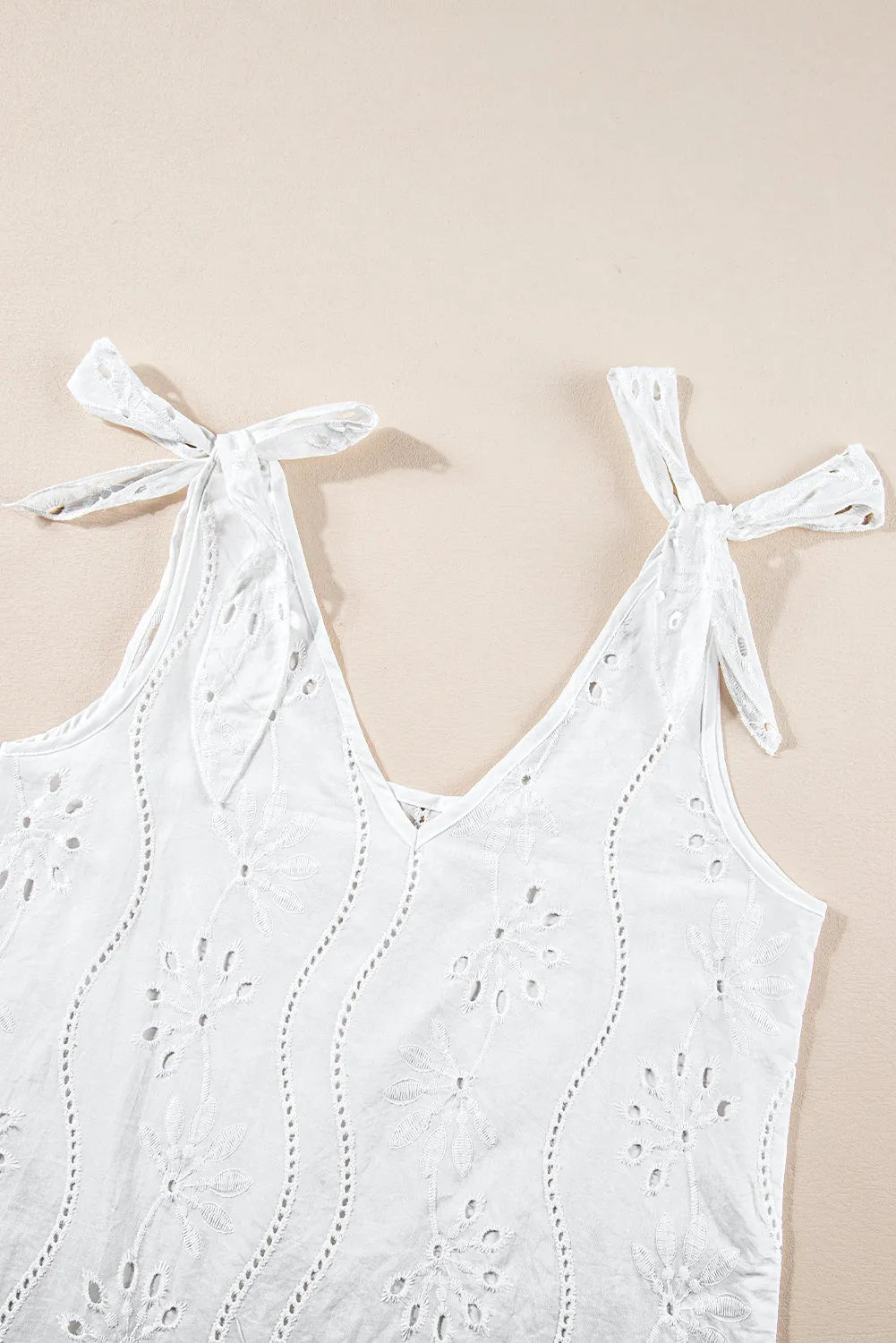 White Embroidery Patterned Knotted Straps V Neck Tank Top - Chic Meadow Boutique 