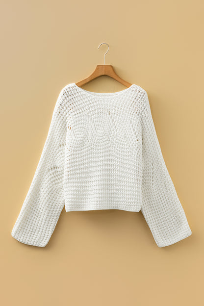 White Hollowed Detail Wide Sleeve Loose Pullover Sweater