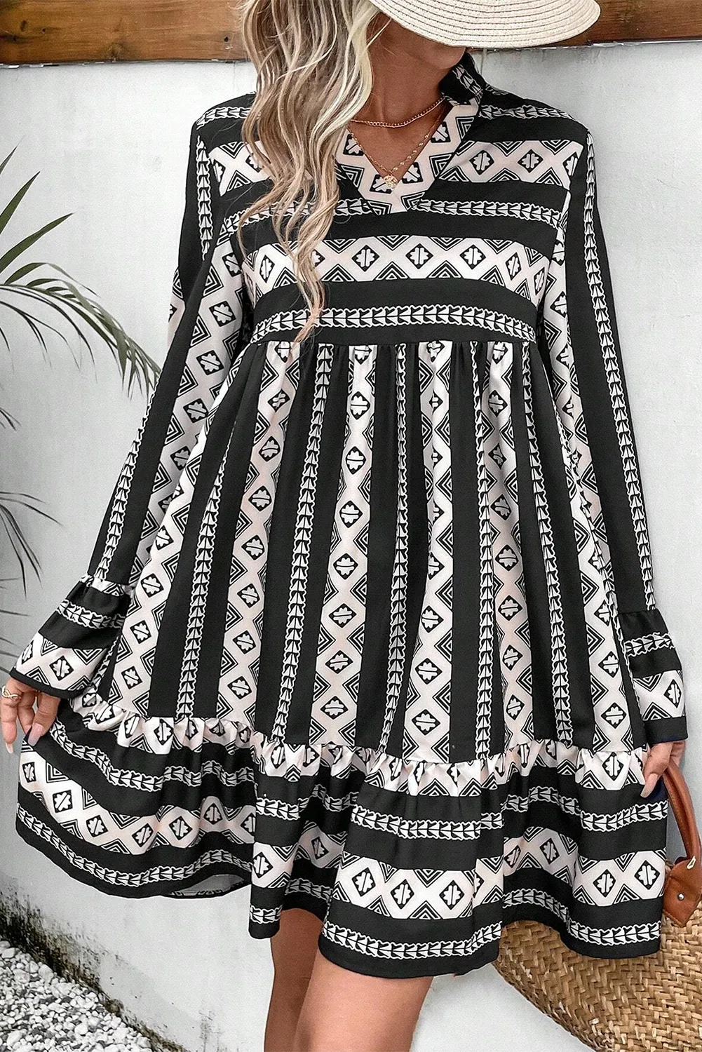 Black Boho Geometric Printed Flared Long Sleeve Mini Dress - Chic Meadow Boutique 