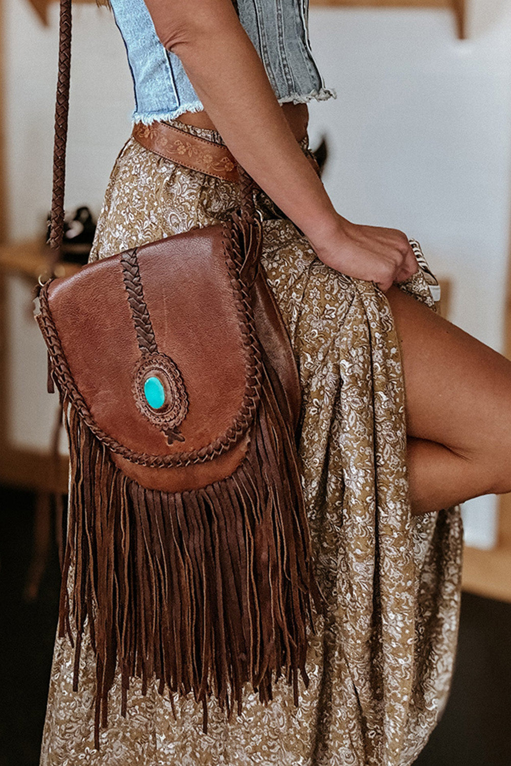 Brown Western Floral Print Ruffled Hem High Waist Loose Maxi Skirt