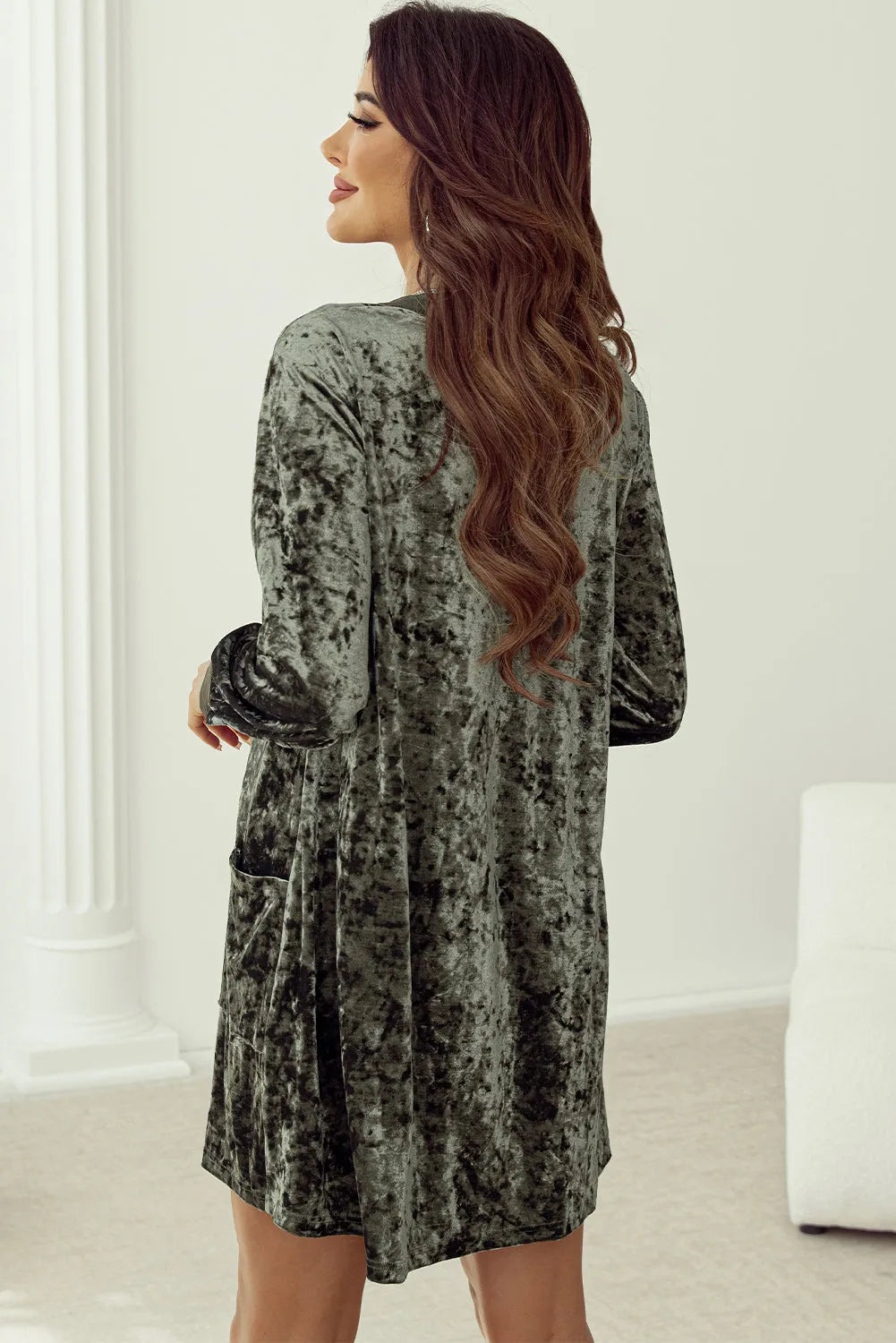 Jungle Green Velvet Long Sleeve V Neck Loose Dress with Pockets - Chic Meadow Boutique 