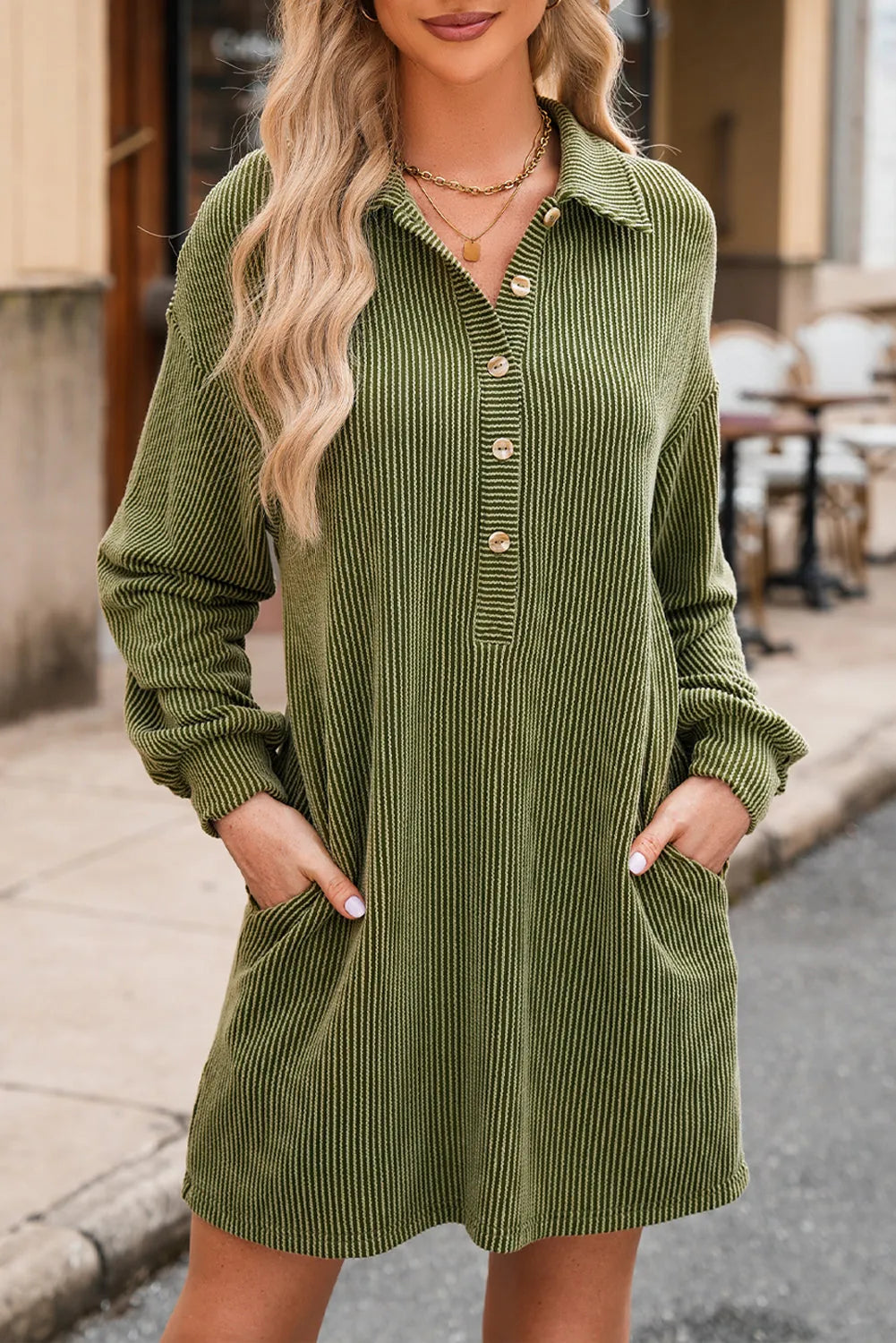 Moss Green Corded Buttons Placket Drop Shoulder Collared Shift Dress - Chic Meadow Boutique 