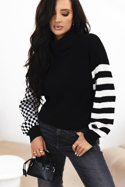 Sweaters & Cardigans/Sweaters Black Striped Plaid Patchwork Waffle Knit Turtleneck Sweater