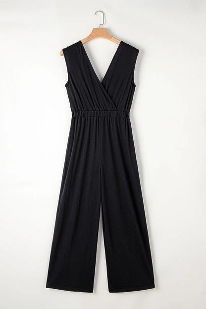 Black Deep V Pleated Crisscross Wide Leg Backless Jumpsuit - Chic Meadow Boutique 