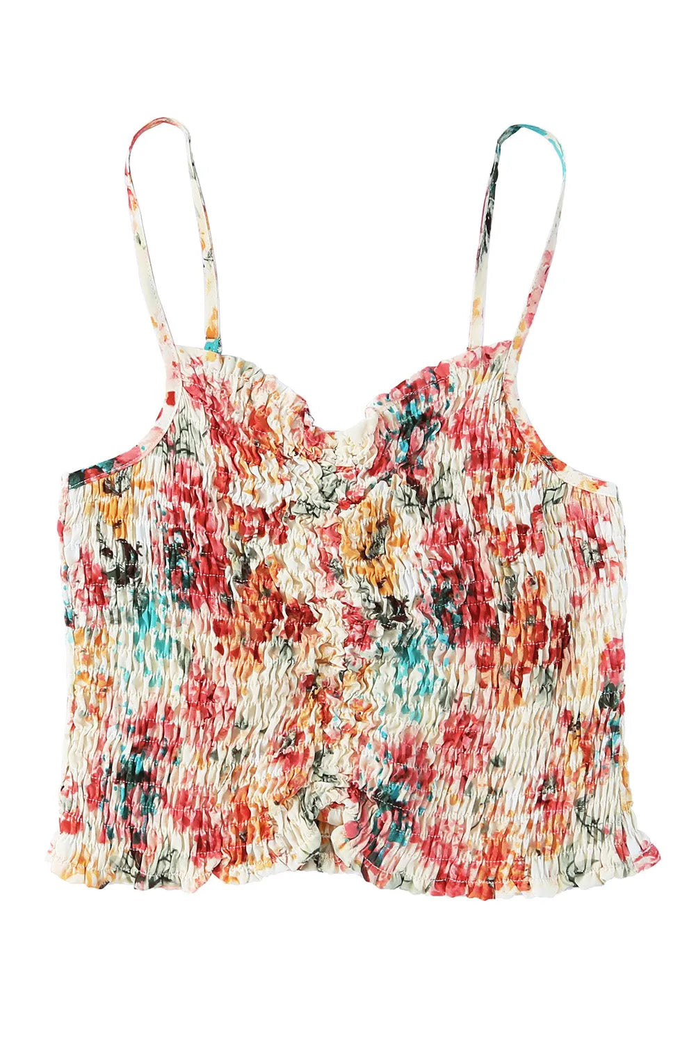 Apricot Floral Print Smocked Ruched Tank Top - Chic Meadow Boutique 