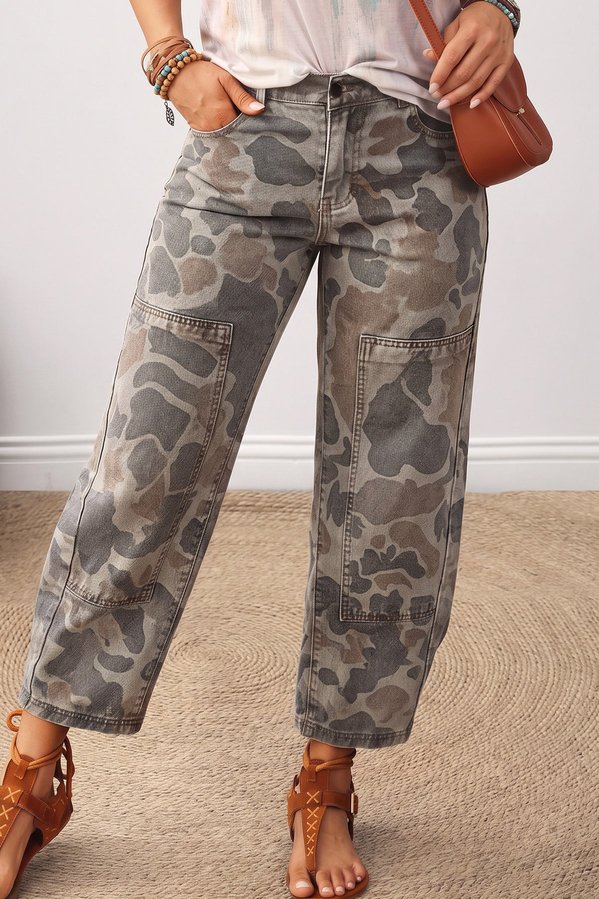 Khaki Camouflage Pattern Patch Detail Casual Jeans