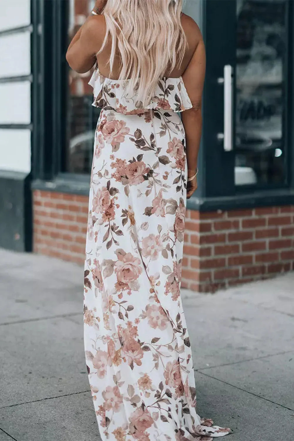 White Floral Slit Ruffled Halterneck Maxi Dress - Chic Meadow Boutique 