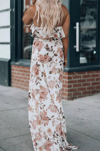 White Floral Slit Ruffled Halterneck Maxi Dress - Chic Meadow Boutique 