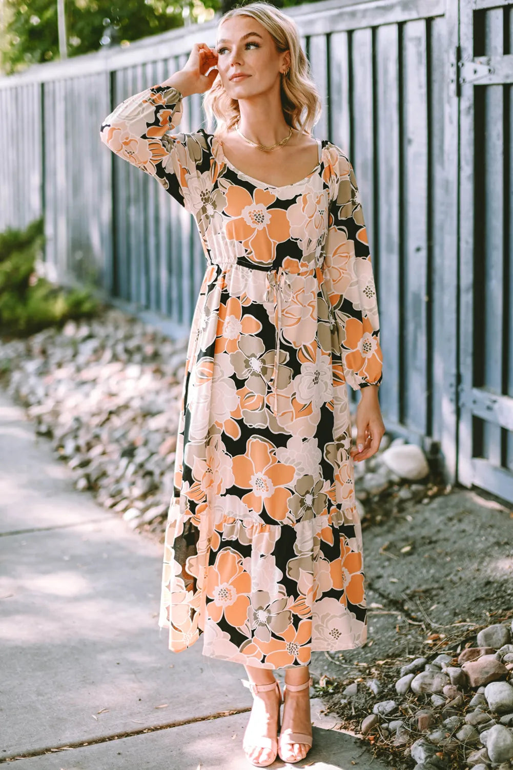 Tie Waist Puff Sleeve Bold Floral Maxi Dress - Chic Meadow Boutique 