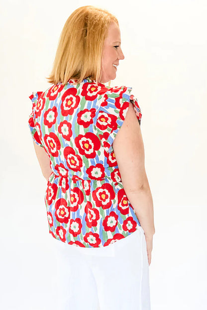 Red Plus Size Floral Print Ruffle Trim Split Neck Peplum Top