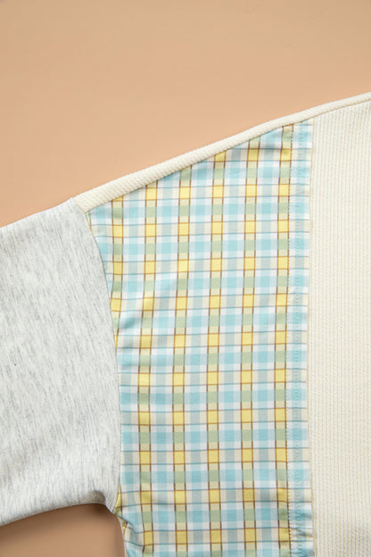 Light Blue Plaid Patchwork Round Neck Long Sleeve Top