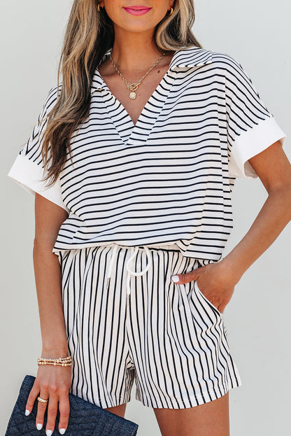 Black Stripe V Neck Tee and Casual Short Set