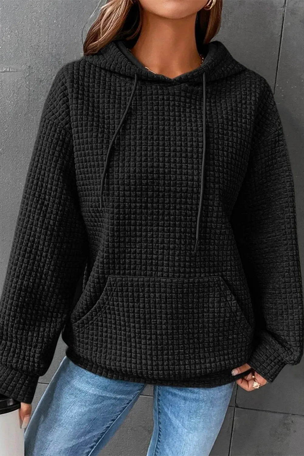 Black Quilted Kangaroo Pocket Drawstring Hoodie - Chic Meadow Boutique 