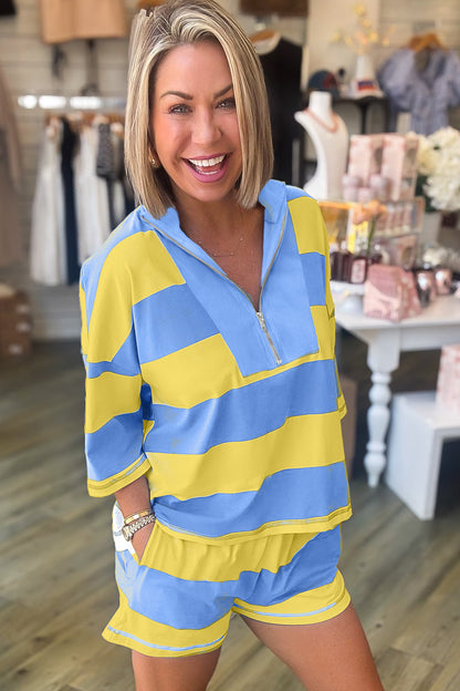 Yellow Stripe Half Zipper Placket Bracelet Sleeve Top Casual Shorts Set