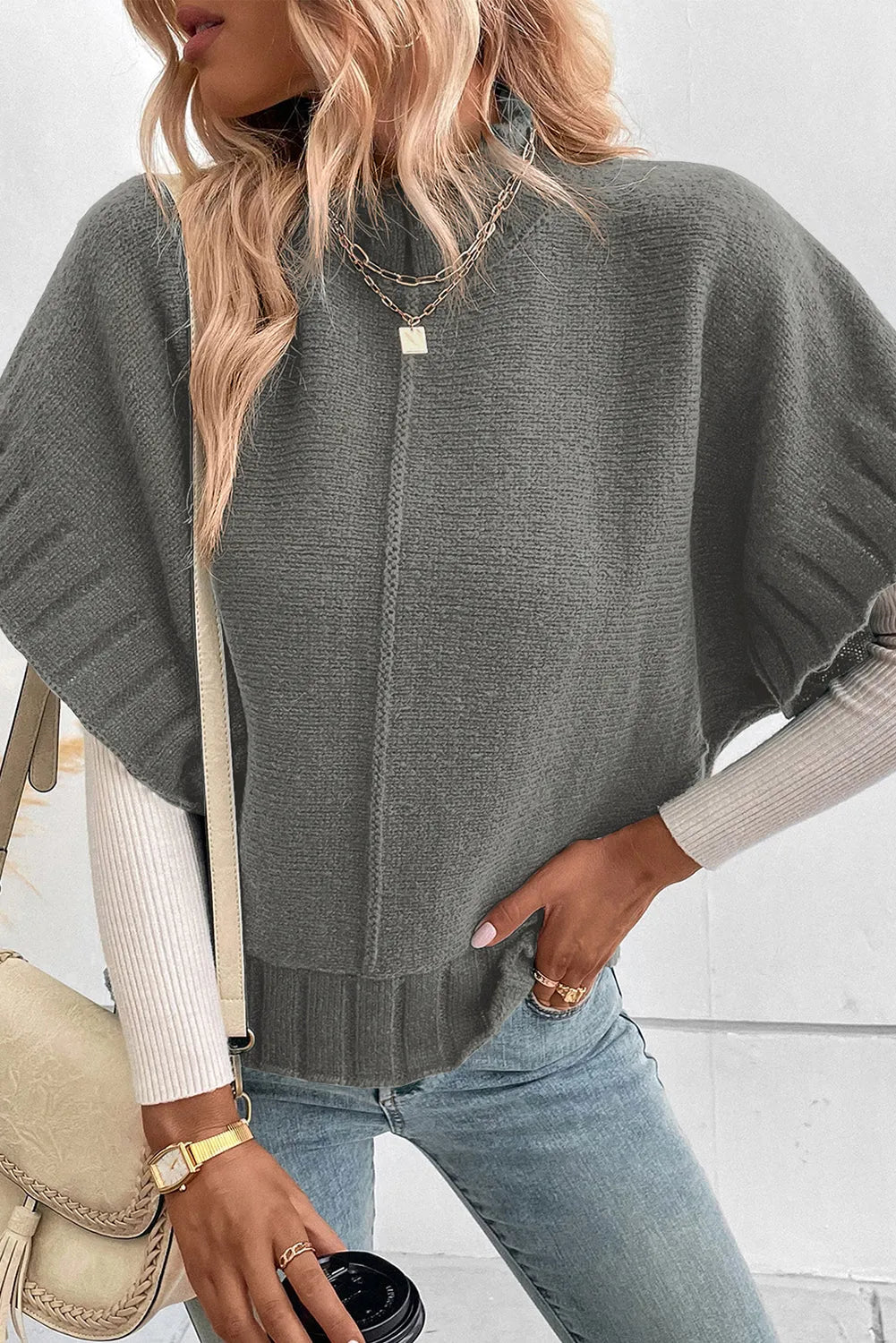 Medium Grey Mock Neck Batwing Short Sleeve Knit Sweater - Chic Meadow Boutique 