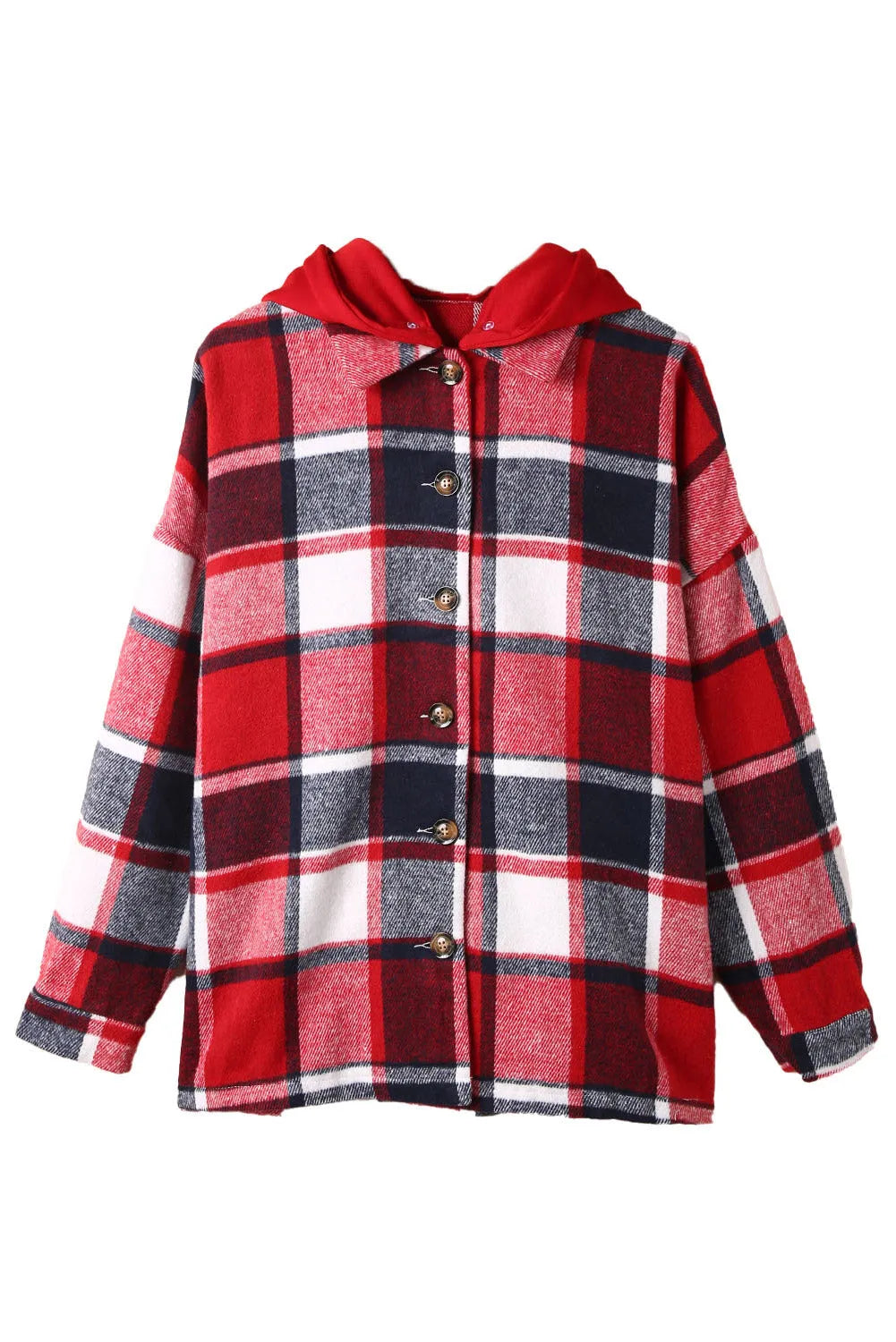 Fiery Red Hooded Plaid Button Front Shacket - Chic Meadow Boutique 