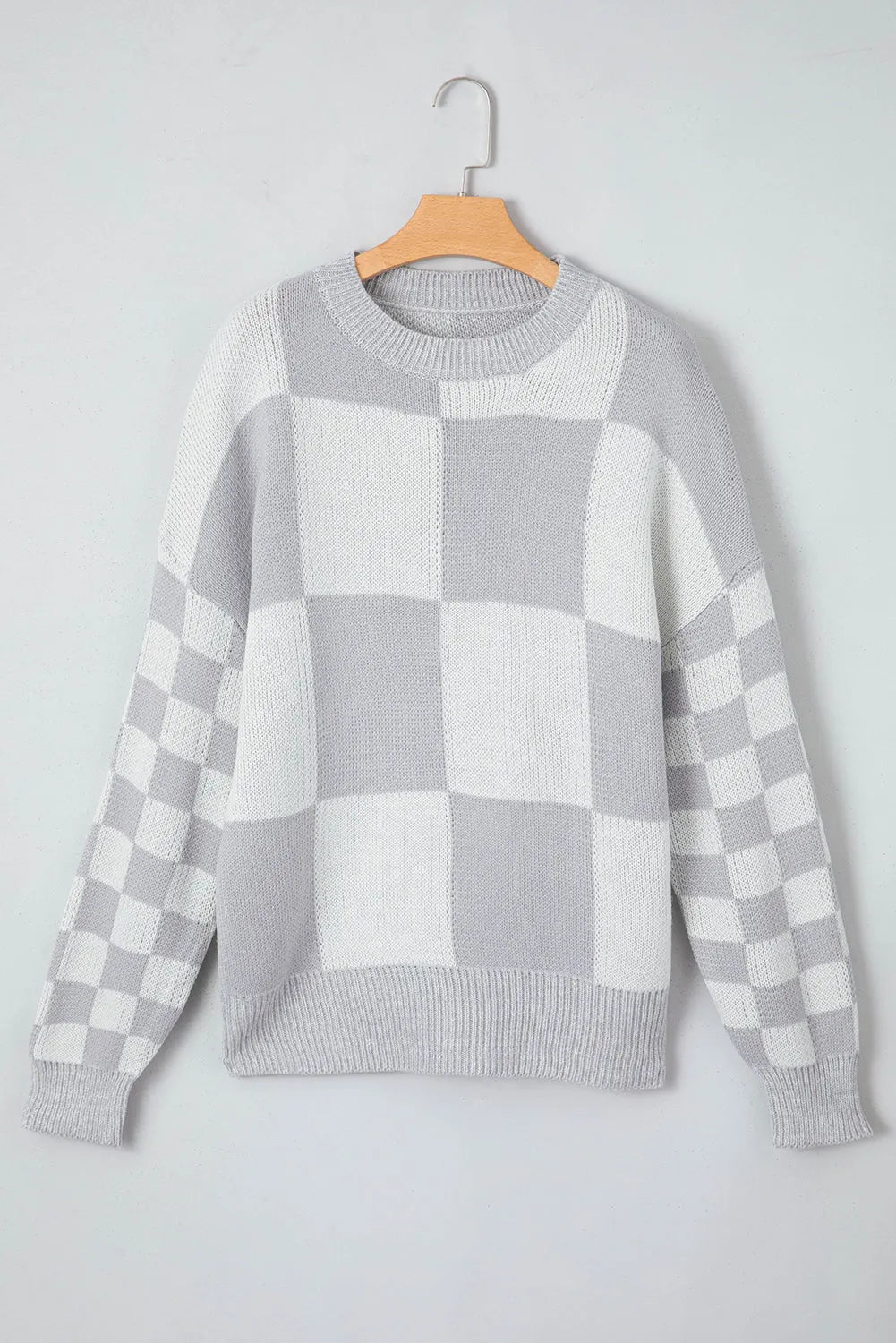 Medium Grey Checkered Print Drop Shoulder Sweater - Chic Meadow Boutique 