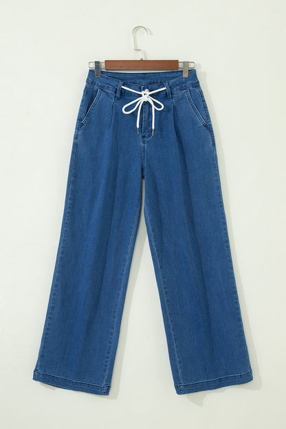 Dusk Blue Lace-up Pull on Wide Leg Jeans
