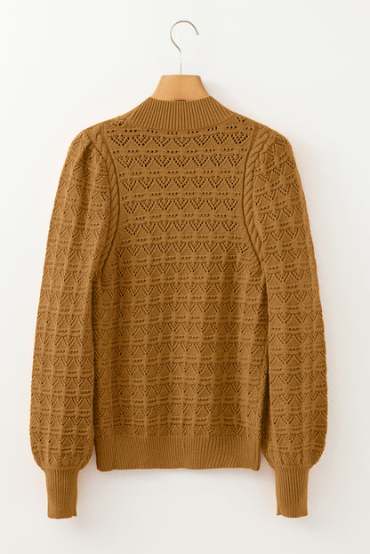Jurassic Gold Hollow Out Crochet Ribbed Edge Balloon Sleeve Sweater