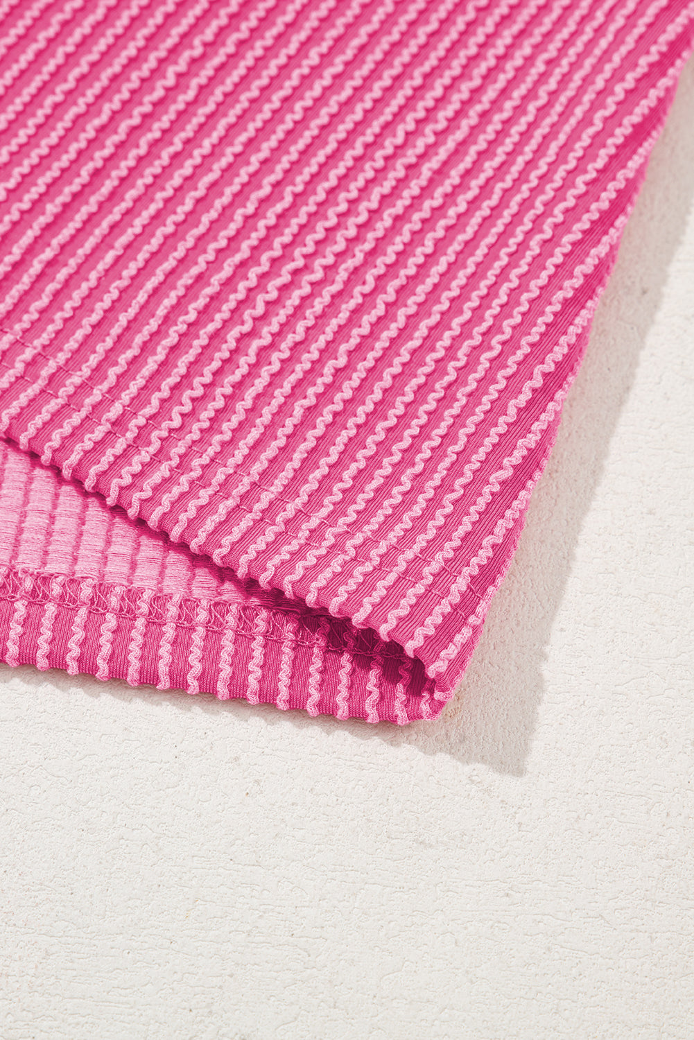 Bright Pink Plain Corded Knit Mock Neck T Shirt