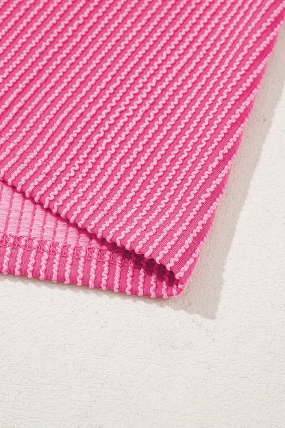 Bright Pink Plain Corded Knit Mock Neck T Shirt