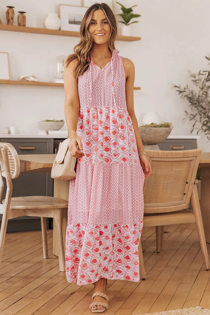 Pink Abstract Print Split Neck Sleeveless Maxi Dress - Chic Meadow Boutique 